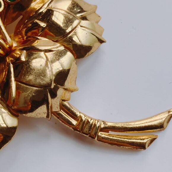 VTG Mid Century Large Brooch Green Rhinestone Floral 1940s 50s Gold Tone Pin - Picture 6 of 9